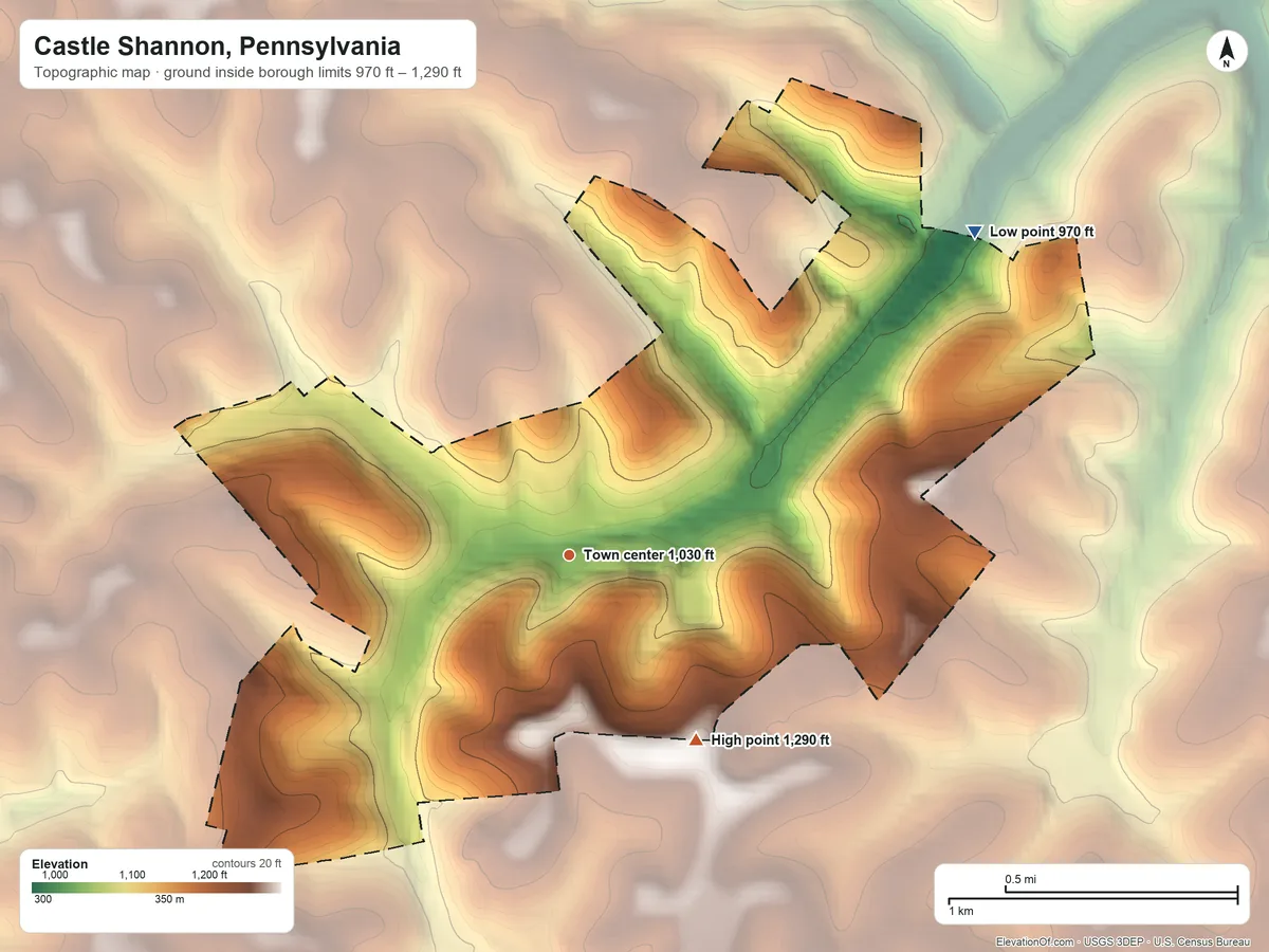 Topographic elevation map of Castle Shannon, Pennsylvania, shaded from 970 ft on the northeast side to 1,290 ft on the southeast side