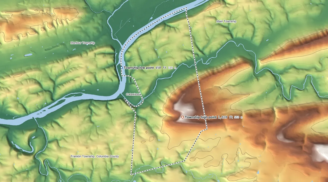 Topographic elevation map of Catawissa Township, Pennsylvania, shaded from 450 ft on the northwest side to 1,820 ft on the southeast side