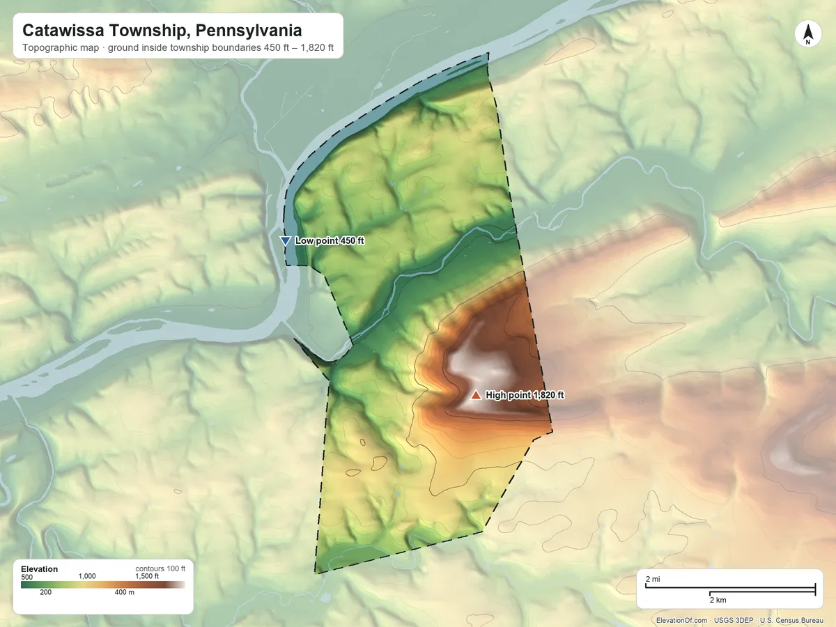 Topographic elevation map of Catawissa Township, Pennsylvania, shaded from 450 ft on the northwest side to 1,820 ft on the southeast side