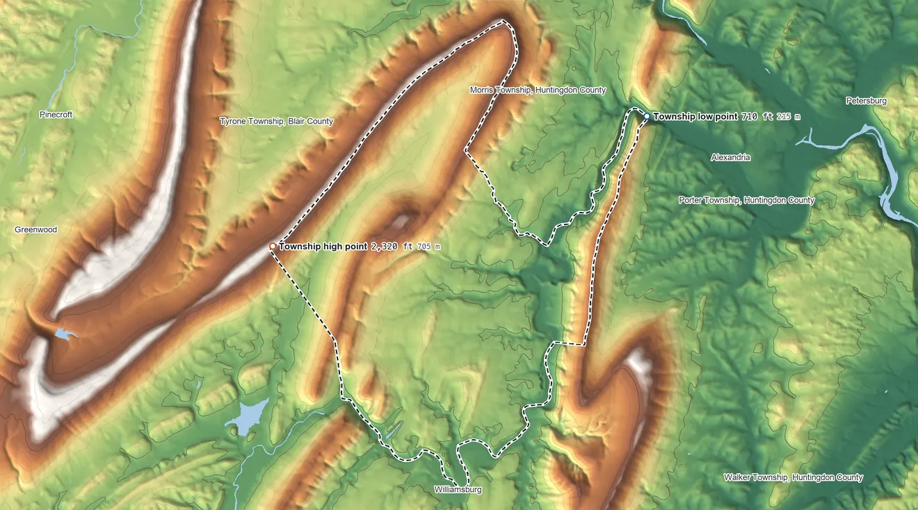 Topographic elevation map of Catharine Township, Pennsylvania, shaded from 710 ft on the northeast side to 2,320 ft on the northwest side