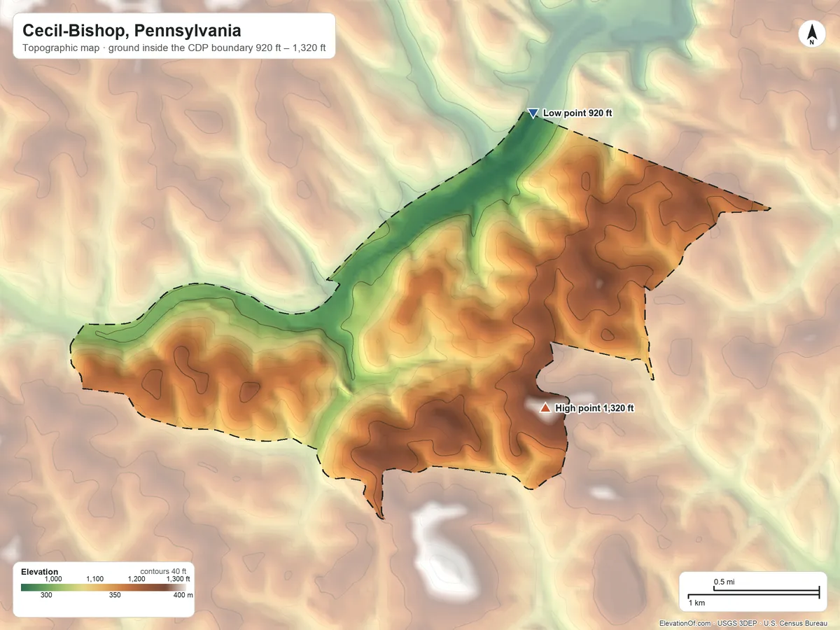 Topographic elevation map of Cecil-Bishop, Pennsylvania, shaded from 920 ft on the northeast side to 1,320 ft on the southeast side