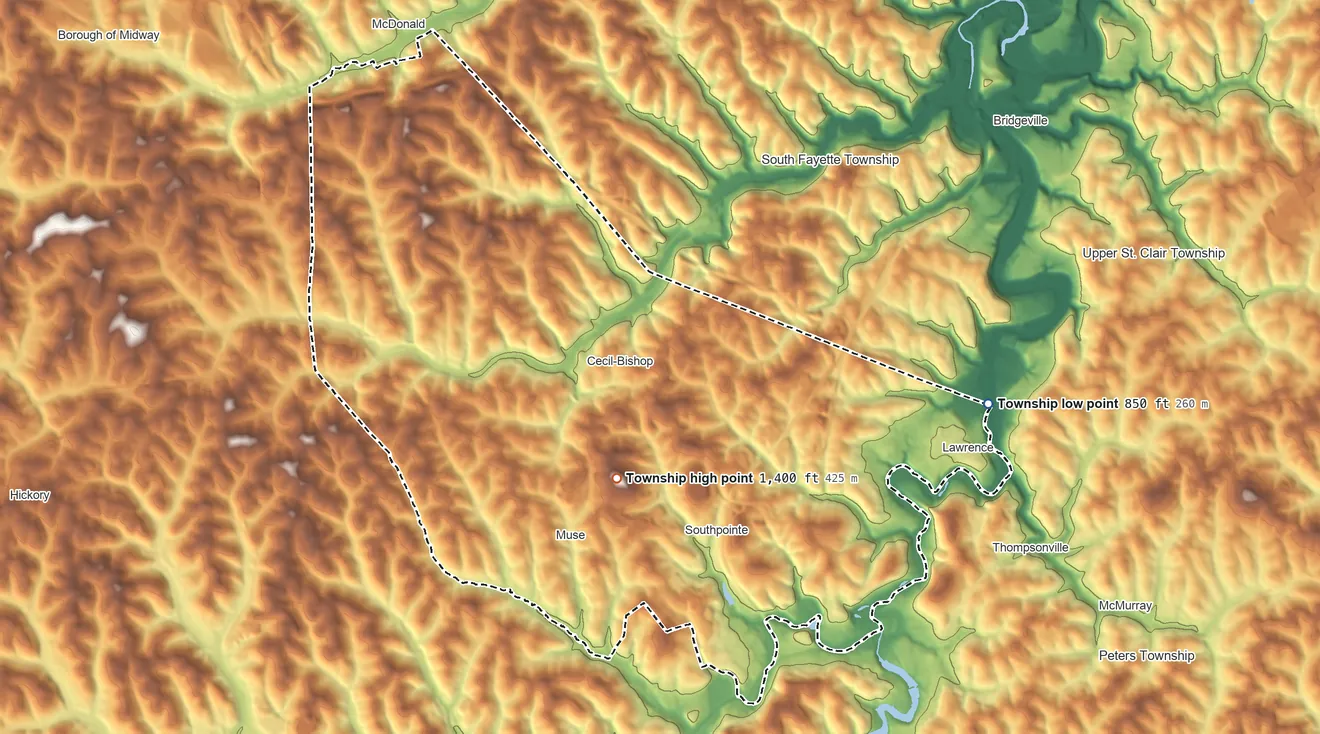 Topographic elevation map of Cecil Township, Pennsylvania, shaded from 850 ft on the east side to 1,400 ft near the middle