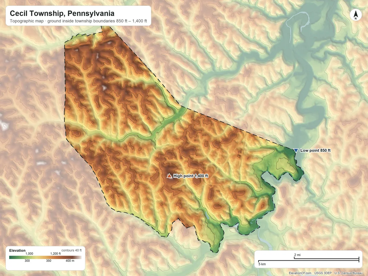 Topographic elevation map of Cecil Township, Pennsylvania, shaded from 850 ft on the east side to 1,400 ft near the middle