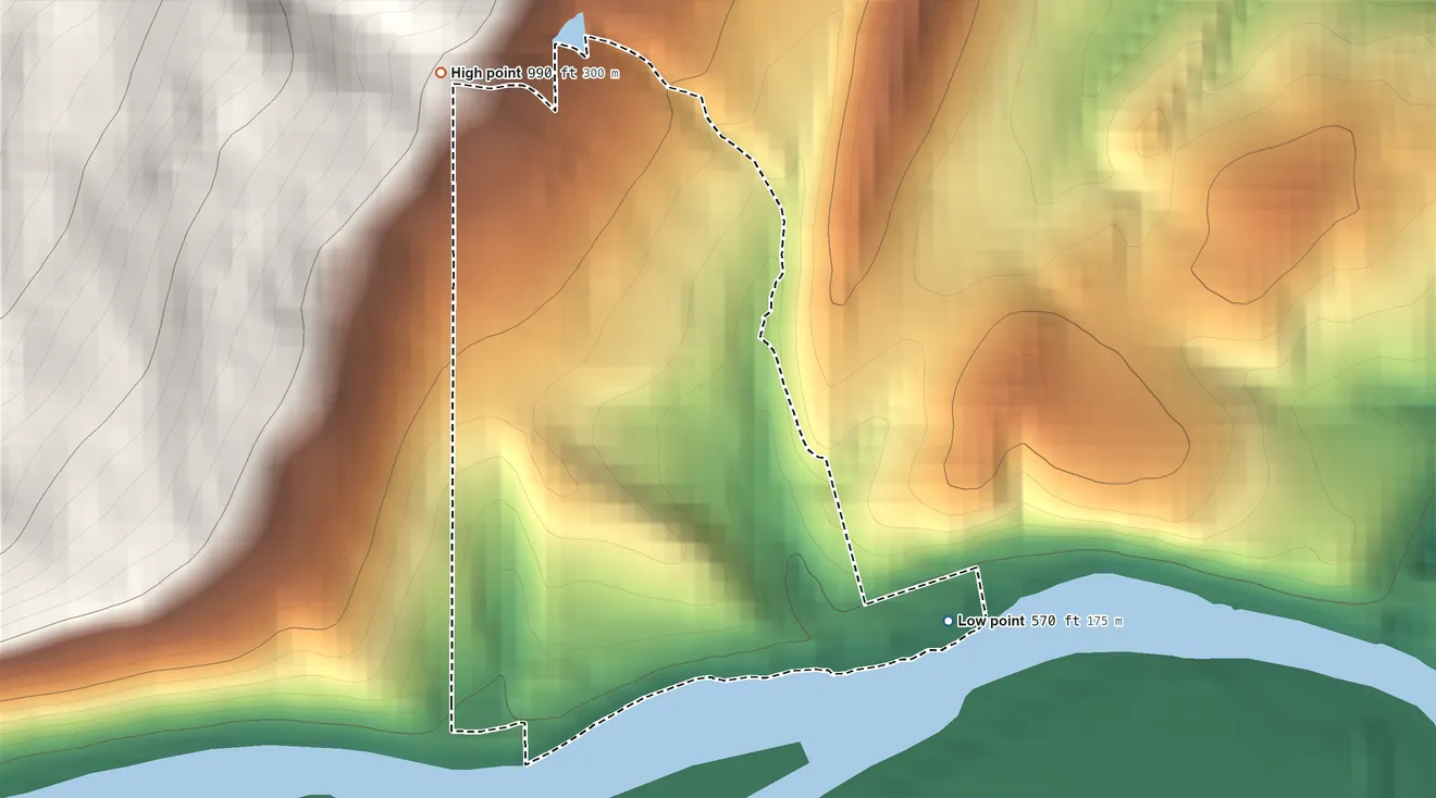 Topographic elevation map of Cedar Crest, Pennsylvania, shaded from 570 ft on the east side to 990 ft on the northwest edge, below higher ground just outside