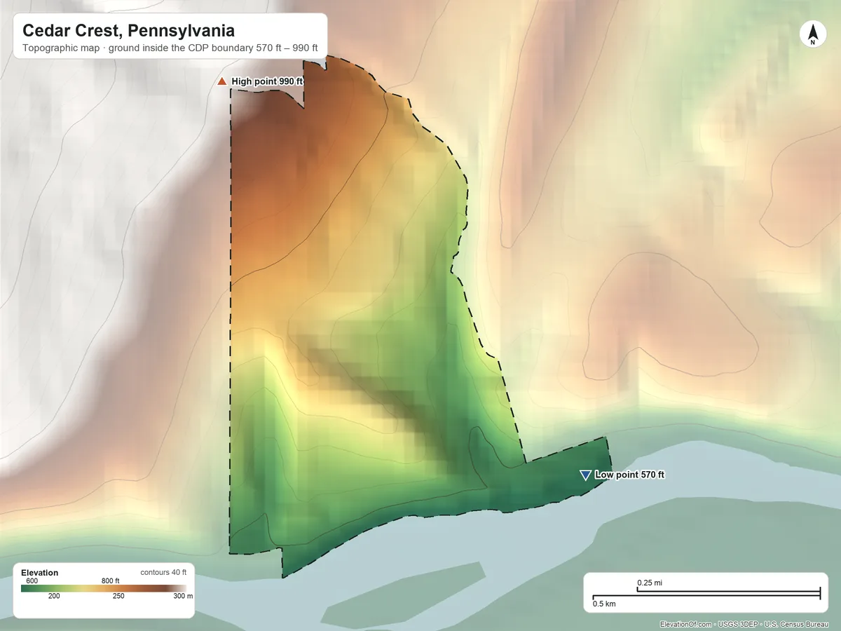 Topographic elevation map of Cedar Crest, Pennsylvania, shaded from 570 ft on the east side to 990 ft on the northwest edge, below higher ground just outside