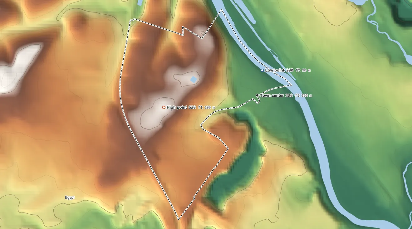 Topographic elevation map of Cementon, Pennsylvania, shaded from 290 ft near the middle to 620 ft on the west side