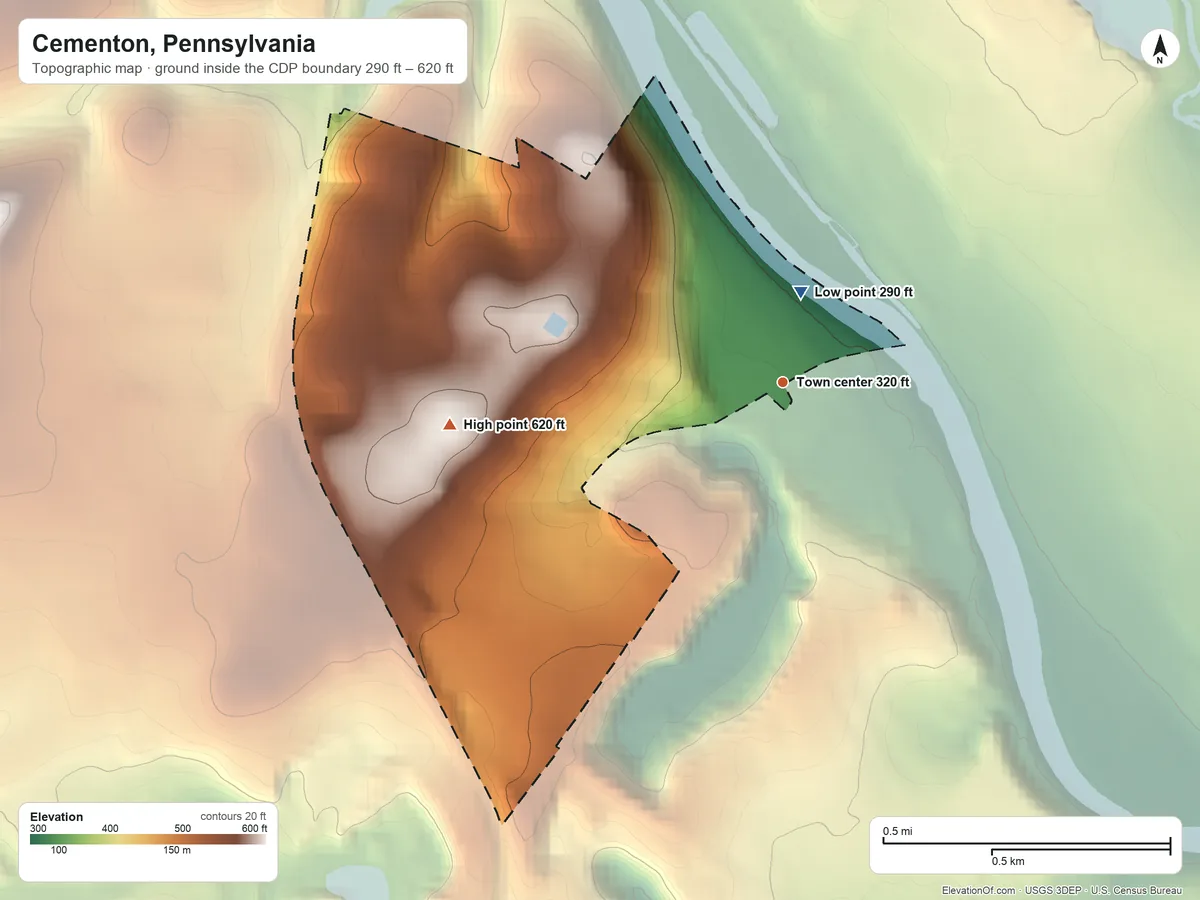 Topographic elevation map of Cementon, Pennsylvania, shaded from 290 ft near the middle to 620 ft on the west side