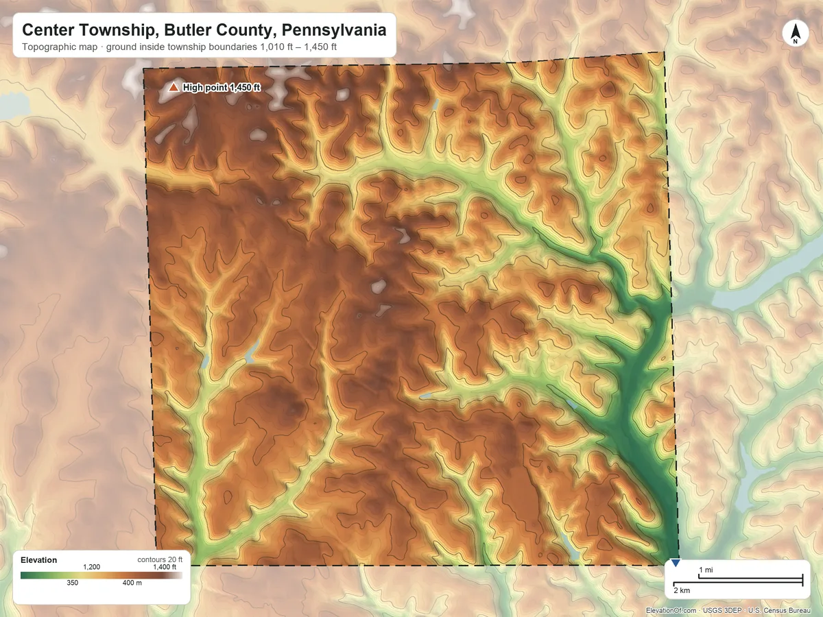 Topographic elevation map of Center Township, Butler County, Pennsylvania, shaded from 1,010 ft on the southeast side to 1,450 ft on the northwest side