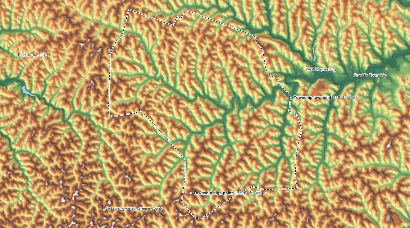 Topographic elevation map of Center Township, Greene County, Pennsylvania, shaded from 950 ft on the east side to 1,570 ft on the south side