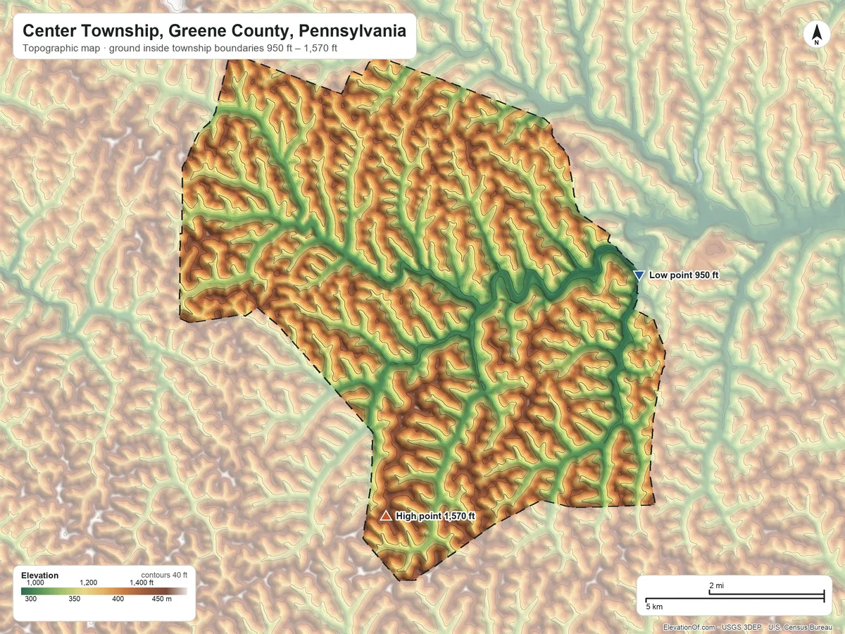 Topographic elevation map of Center Township, Greene County, Pennsylvania, shaded from 950 ft on the east side to 1,570 ft on the south side