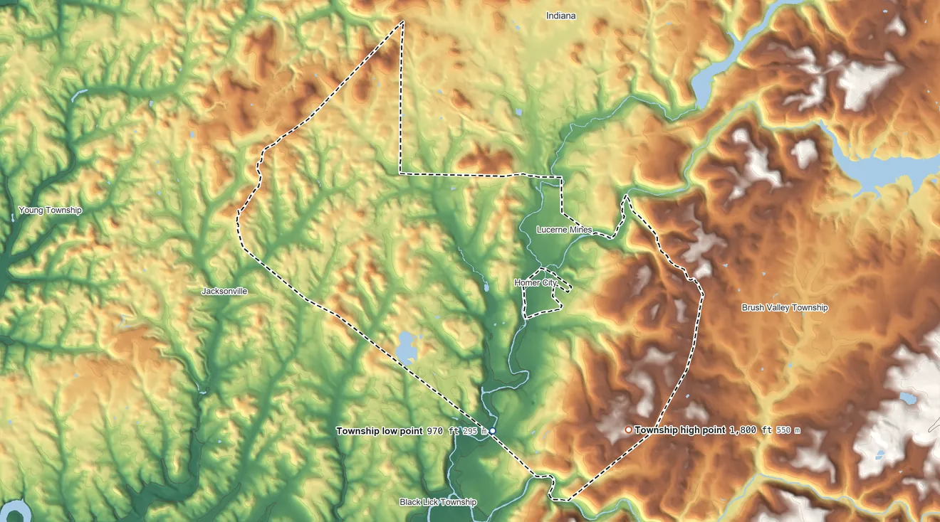Topographic elevation map of Center Township, Indiana County, Pennsylvania, shaded from 970 ft on the south side to 1,800 ft on the southeast side
