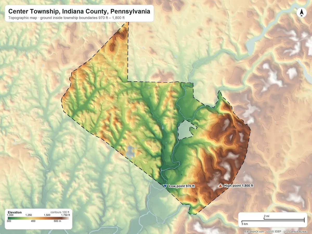 Topographic elevation map of Center Township, Indiana County, Pennsylvania, shaded from 970 ft on the south side to 1,800 ft on the southeast side
