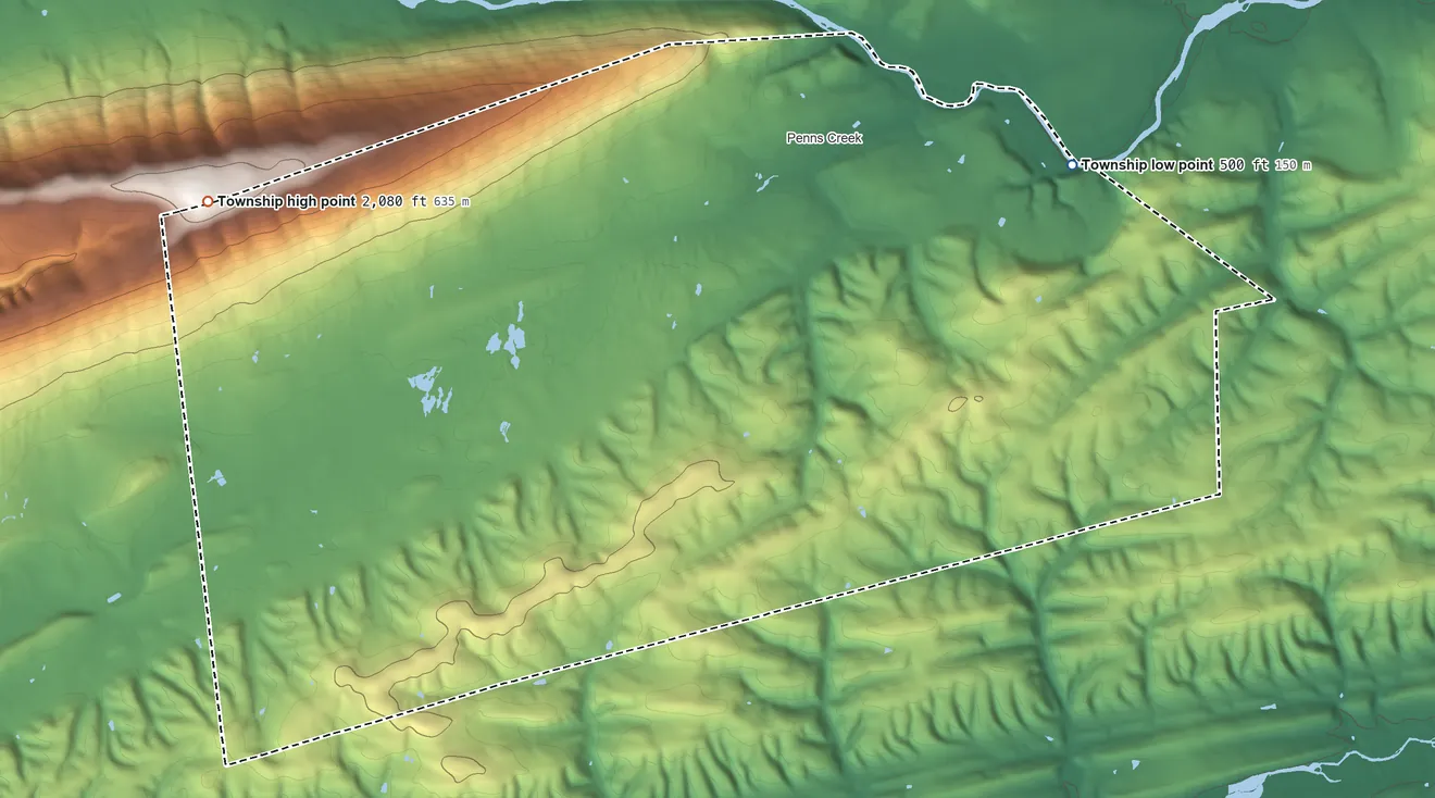 Topographic elevation map of Center Township, Snyder County, Pennsylvania, shaded from 500 ft on the east side to 2,080 ft on the west side