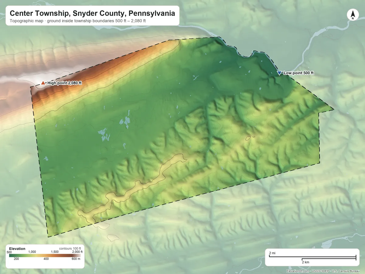Topographic elevation map of Center Township, Snyder County, Pennsylvania, shaded from 500 ft on the east side to 2,080 ft on the west side