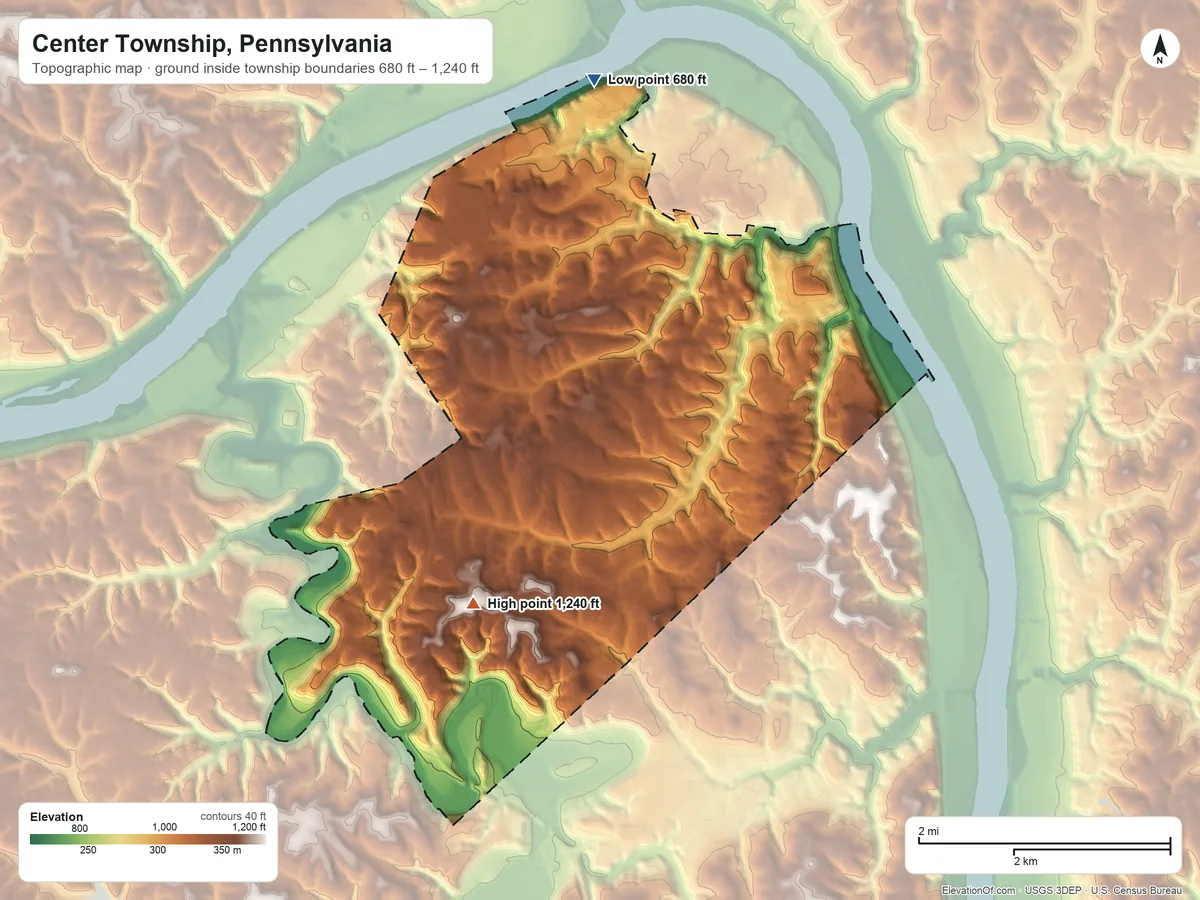 Topographic elevation map of Center Township, Pennsylvania, shaded from 680 ft on the north side to 1,240 ft on Bunker Hill
