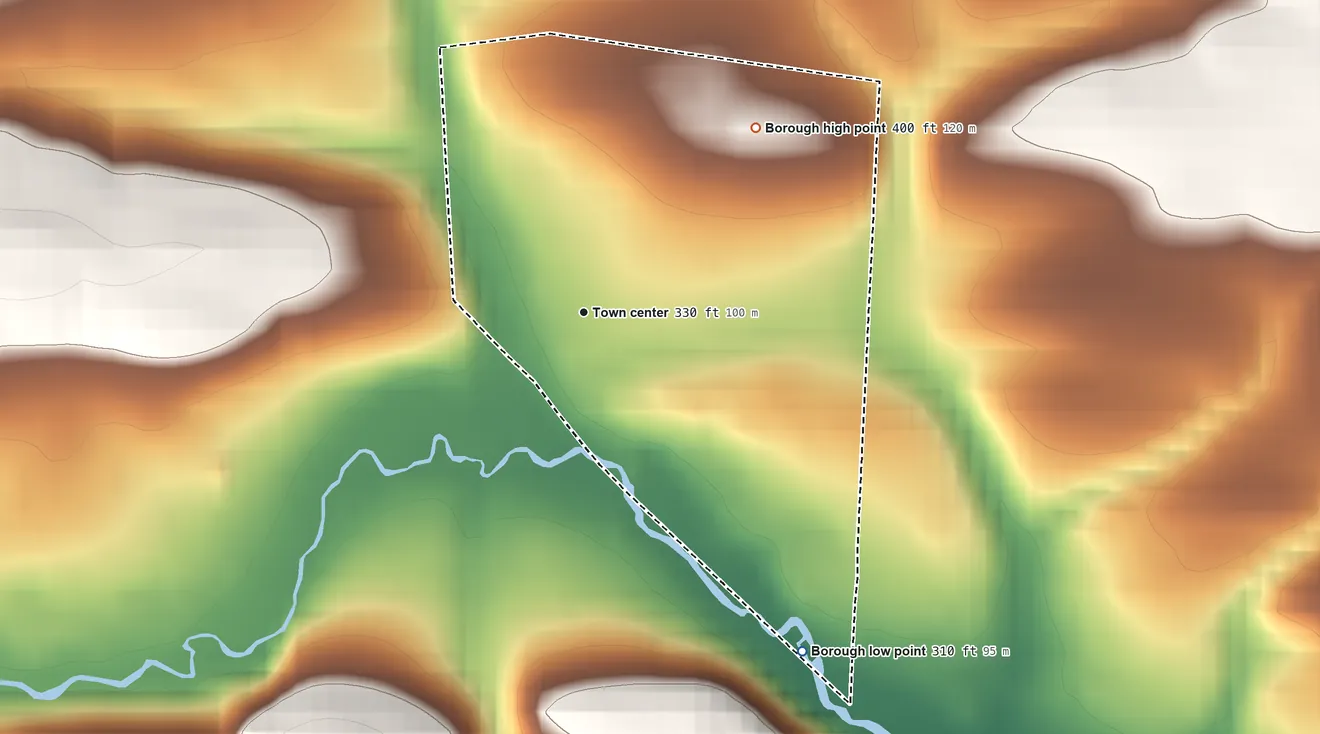 Topographic elevation map of Centerport, Pennsylvania, shaded from 310 ft on the southeast side to 400 ft on the northeast side