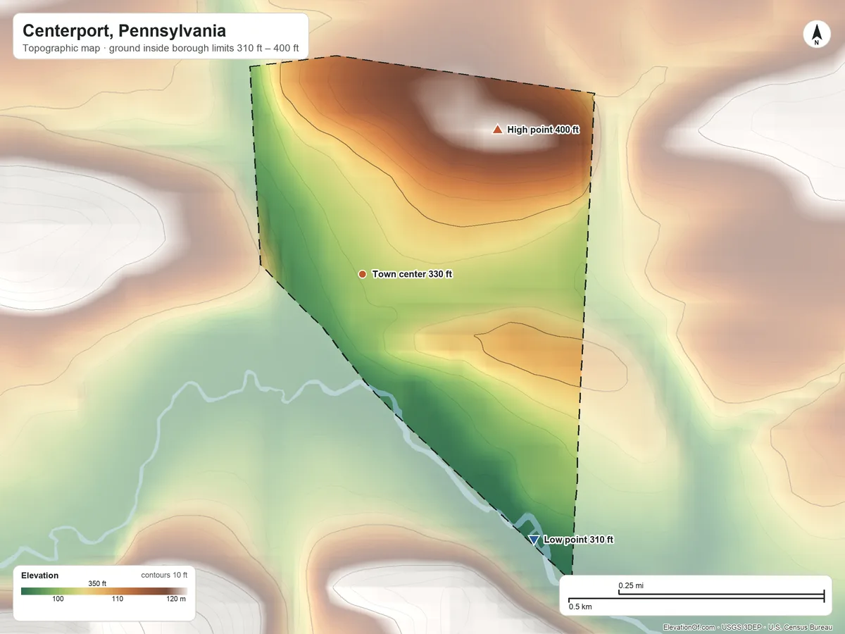 Topographic elevation map of Centerport, Pennsylvania, shaded from 310 ft on the southeast side to 400 ft on the northeast side