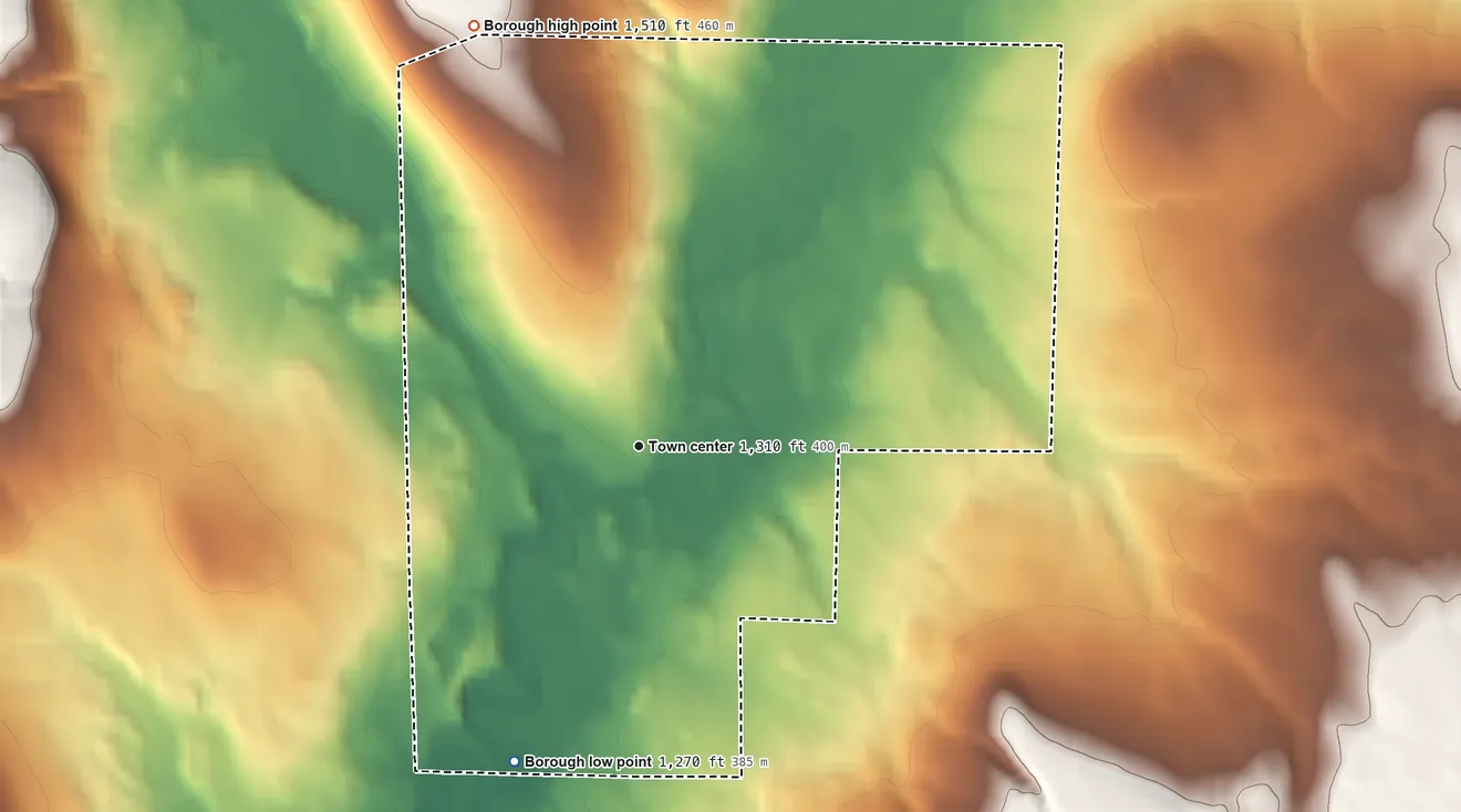 Topographic elevation map of Centerville, Crawford County, Pennsylvania, shaded from 1,270 ft on the south side to 1,510 ft on the north side