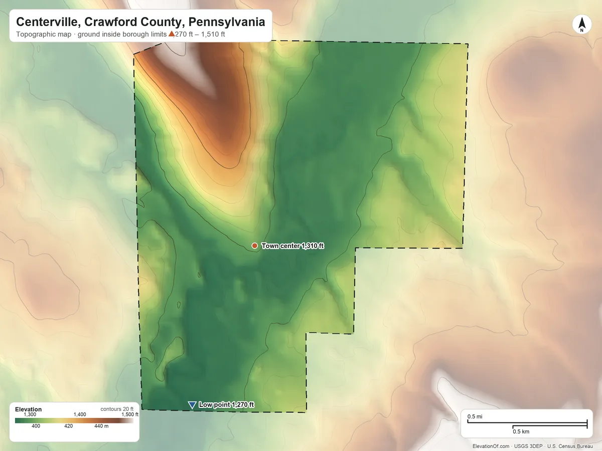 Topographic elevation map of Centerville, Crawford County, Pennsylvania, shaded from 1,270 ft on the south side to 1,510 ft on the north side