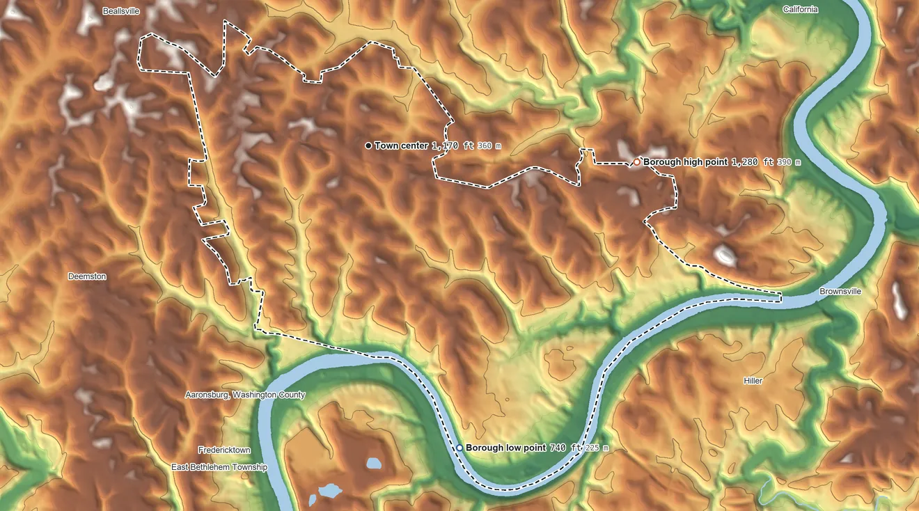 Topographic elevation map of Centerville, Pennsylvania, shaded from 740 ft on the south side to 1,280 ft on the east side