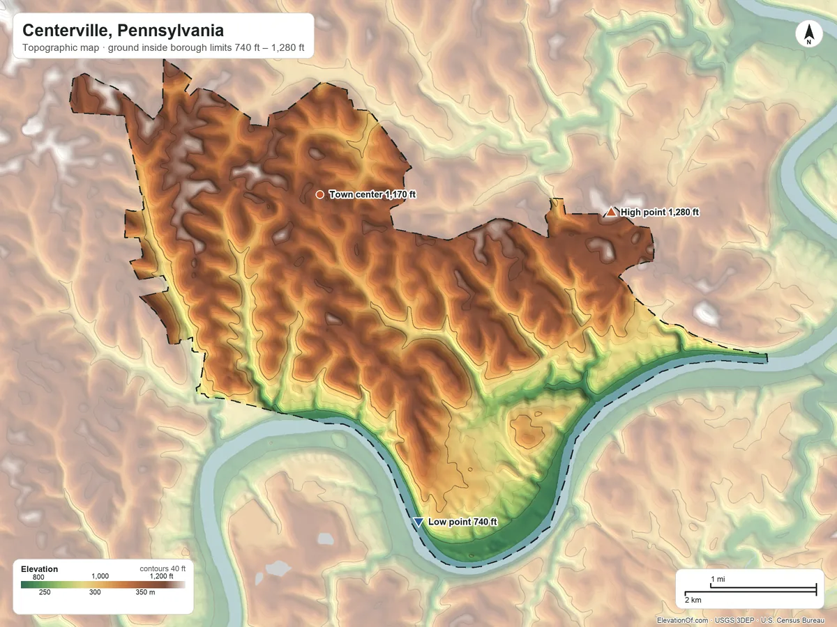 Topographic elevation map of Centerville, Pennsylvania, shaded from 740 ft on the south side to 1,280 ft on the east side
