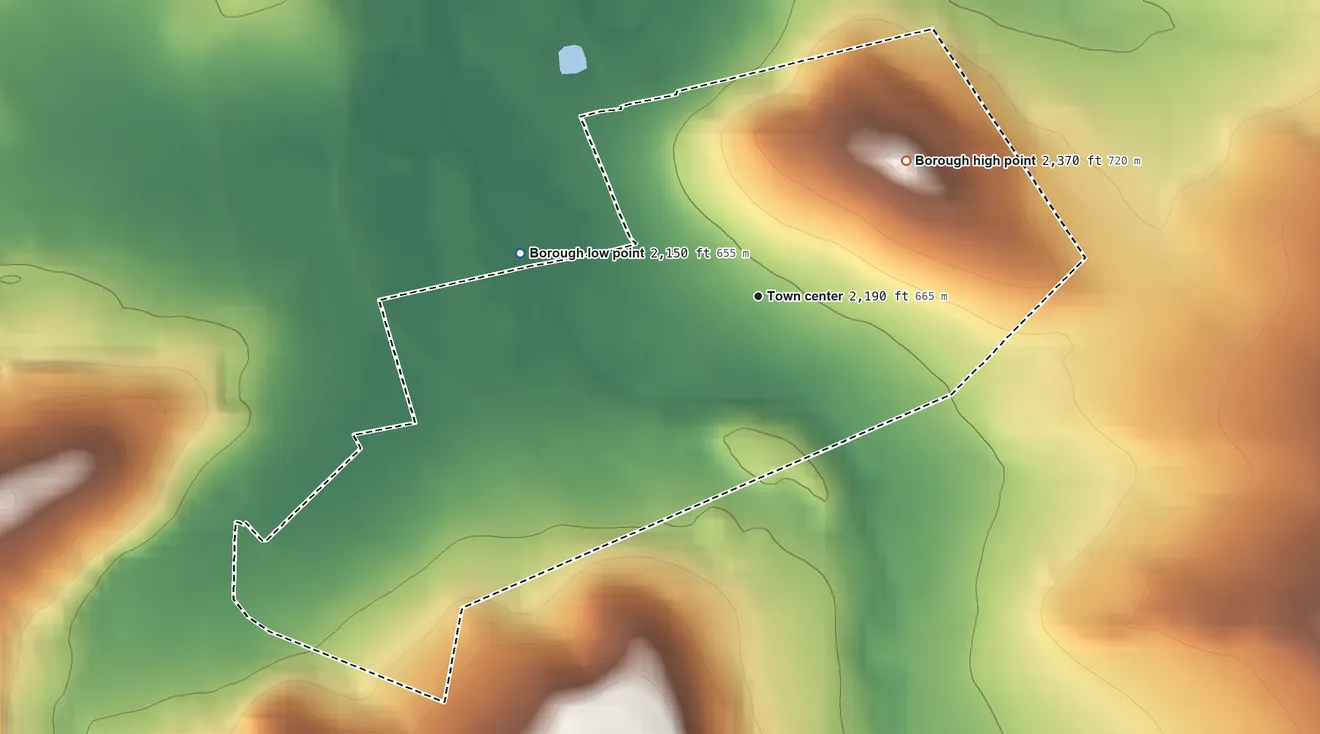 Topographic elevation map of Central City, Pennsylvania, shaded from 2,150 ft on the west side to 2,370 ft on the northeast side
