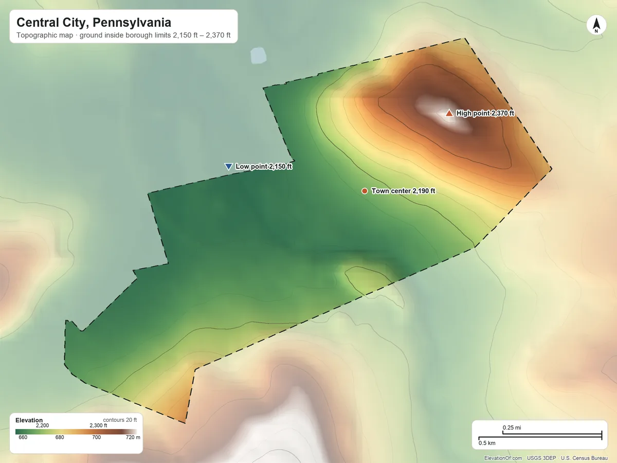 Topographic elevation map of Central City, Pennsylvania, shaded from 2,150 ft on the west side to 2,370 ft on the northeast side