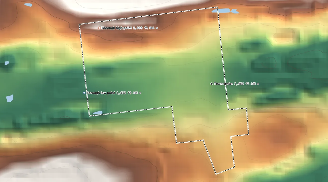 Topographic elevation map of Centralia, Pennsylvania, shaded from 1,430 ft on the west side to 1,660 ft on the northwest side