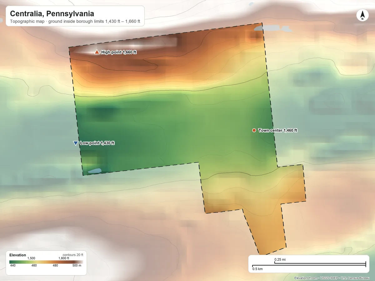 Topographic elevation map of Centralia, Pennsylvania, shaded from 1,430 ft on the west side to 1,660 ft on the northwest side