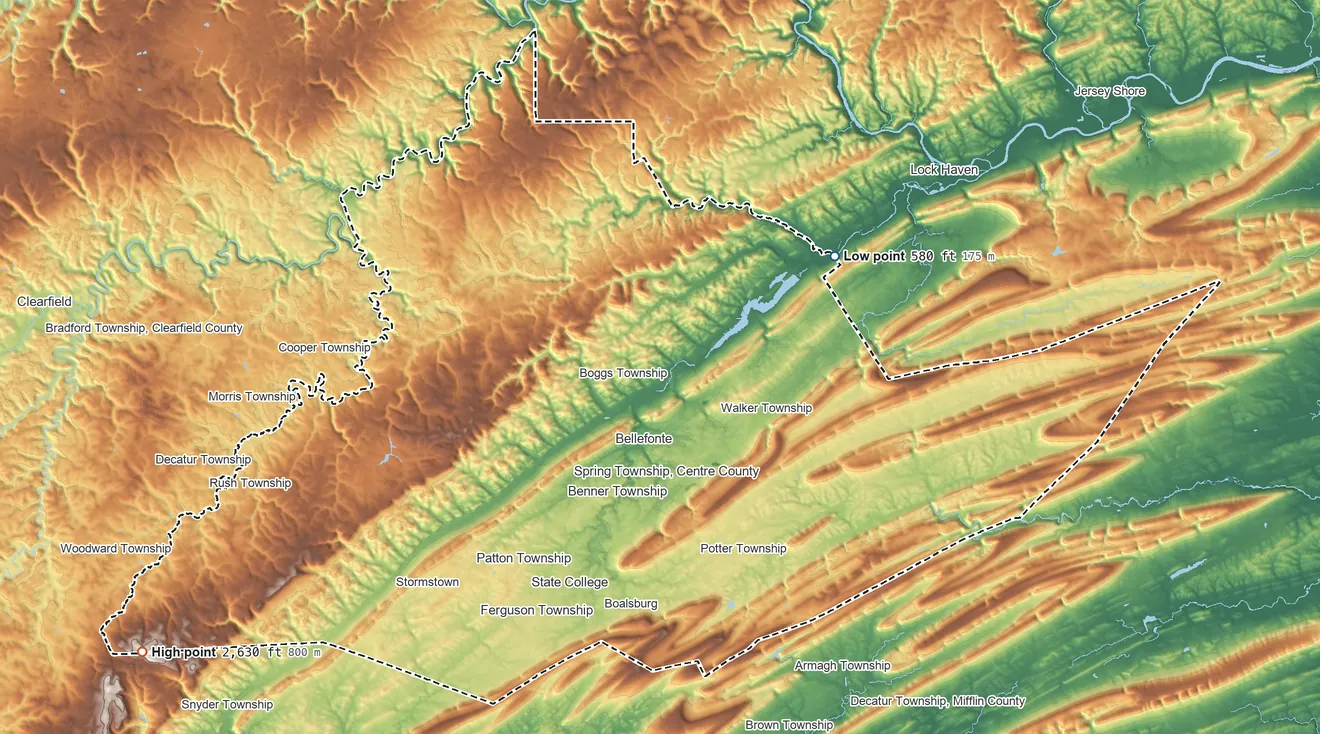 Topographic elevation map of Centre County, Pennsylvania, shaded from 580 ft on the northeast side to 2,630 ft on the southwest side