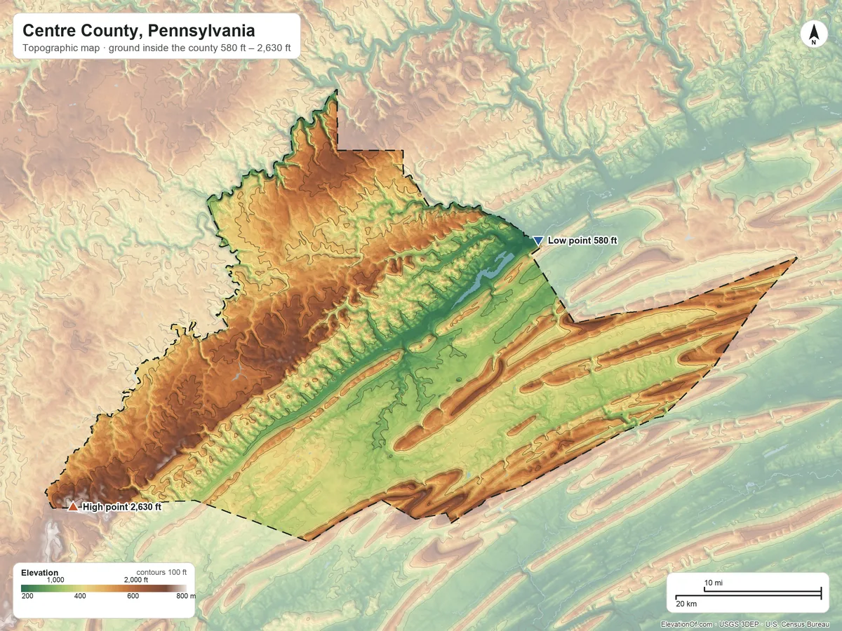Topographic elevation map of Centre County, Pennsylvania, shaded from 580 ft on the northeast side to 2,630 ft on the southwest side