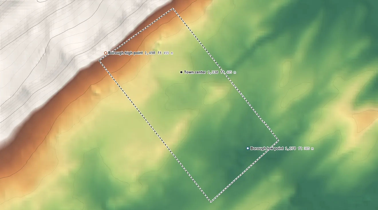 Topographic elevation map of Centre Hall, Pennsylvania, shaded from 1,270 ft on the southeast side to 1,490 ft on the west edge, below higher ground just outside
