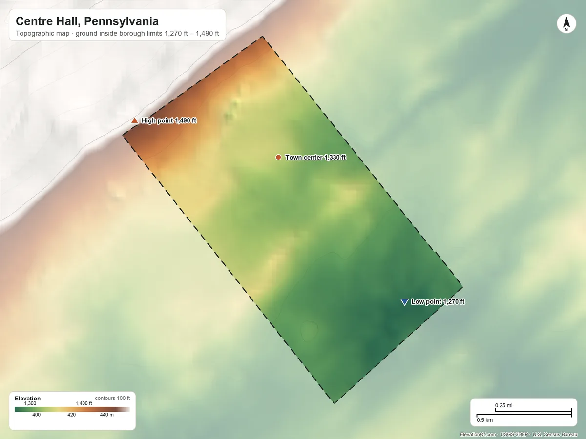 Topographic elevation map of Centre Hall, Pennsylvania, shaded from 1,270 ft on the southeast side to 1,490 ft on the west edge, below higher ground just outside