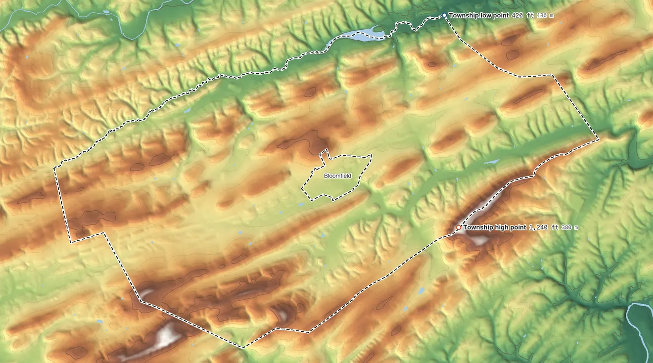 Topographic elevation map of Centre Township, Perry County, Pennsylvania, shaded from 420 ft on the northeast side to 1,240 ft on the east side