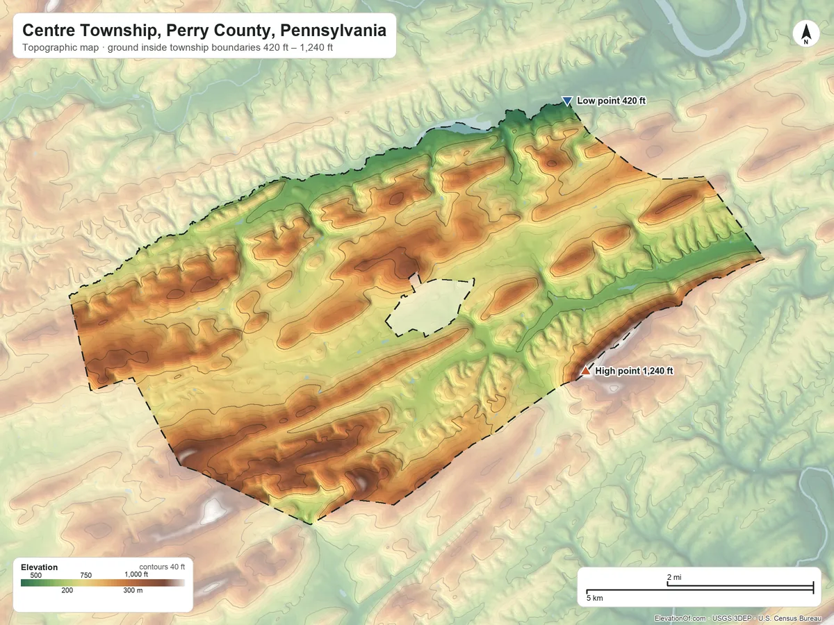 Topographic elevation map of Centre Township, Perry County, Pennsylvania, shaded from 420 ft on the northeast side to 1,240 ft on the east side