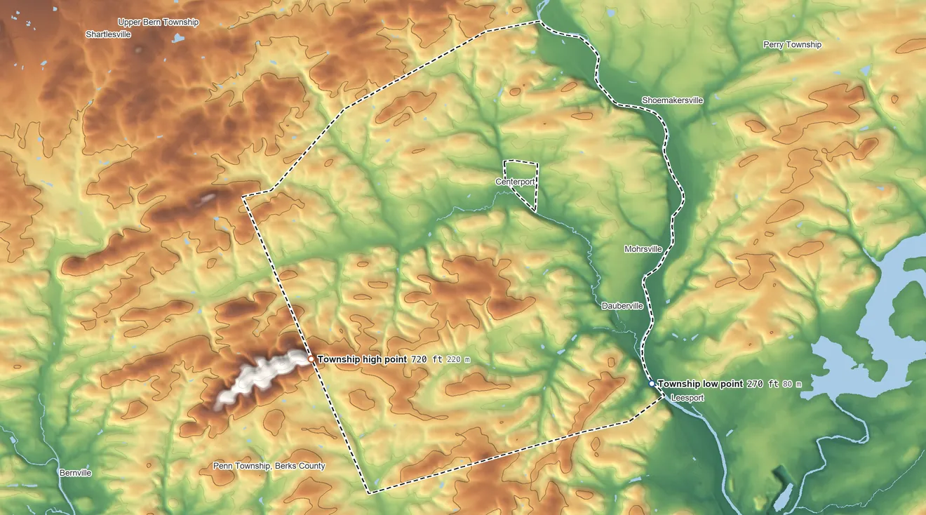 Topographic elevation map of Centre Township, Pennsylvania, shaded from 270 ft on the southeast side to 720 ft on the west side
