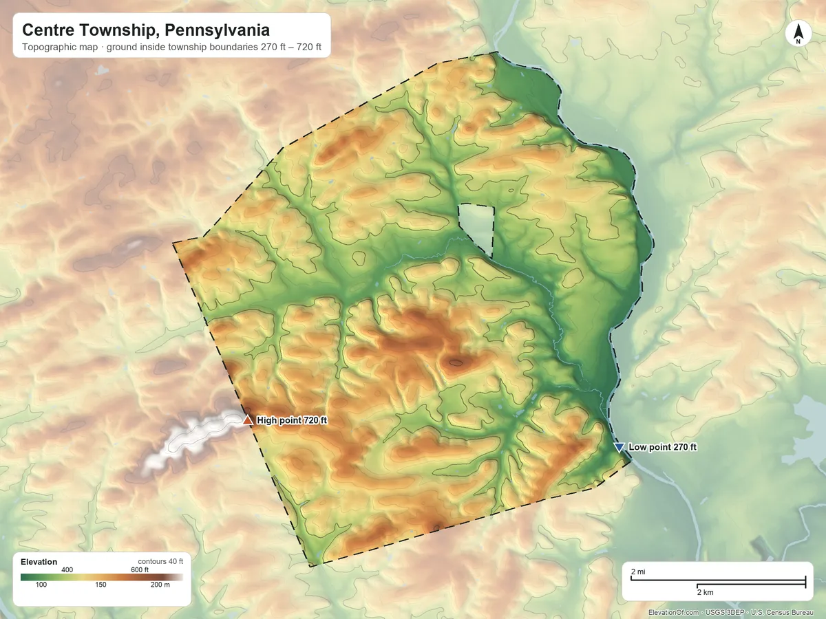 Topographic elevation map of Centre Township, Pennsylvania, shaded from 270 ft on the southeast side to 720 ft on the west side