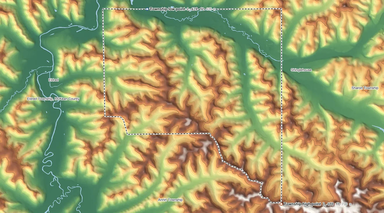 Topographic elevation map of Ceres Township, Pennsylvania, shaded from 1,420 ft on the northwest side to 2,400 ft on the southeast side