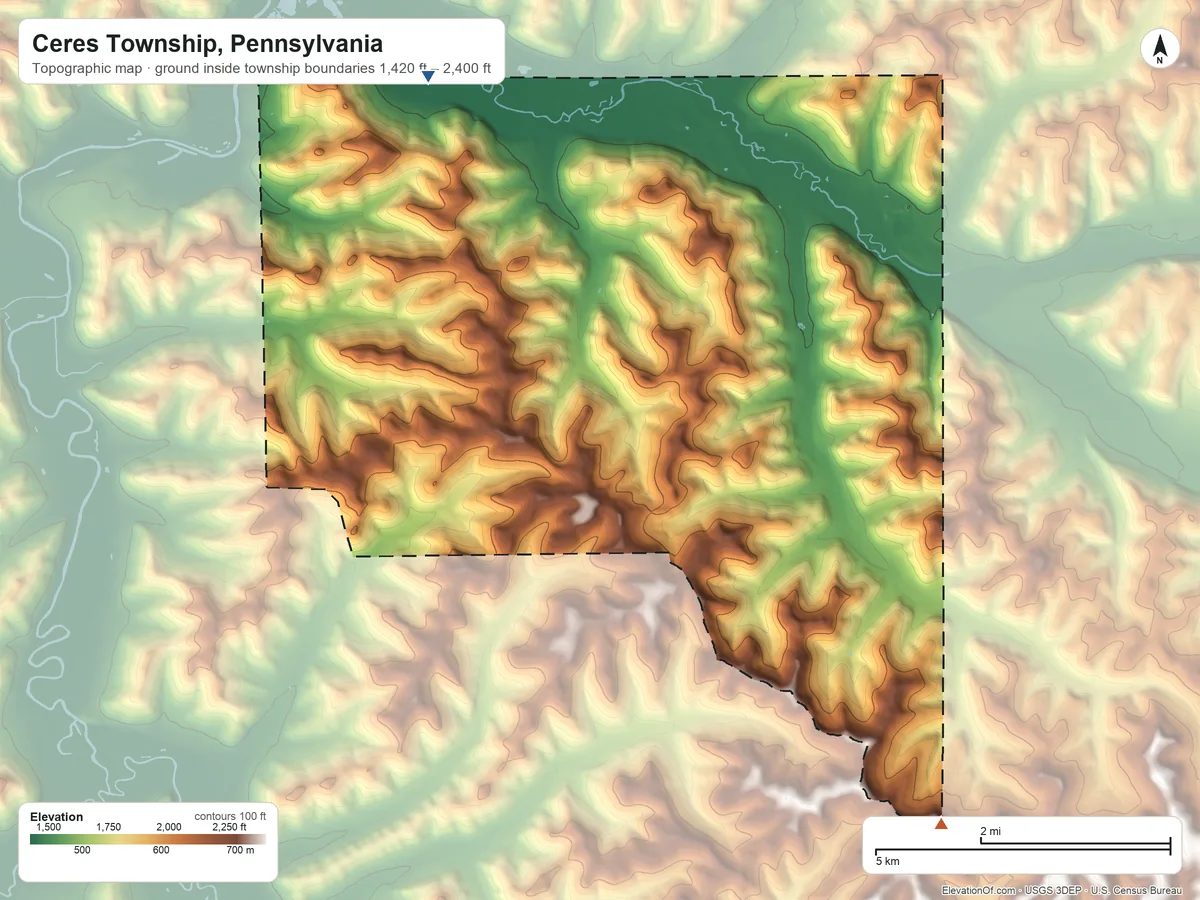 Topographic elevation map of Ceres Township, Pennsylvania, shaded from 1,420 ft on the northwest side to 2,400 ft on the southeast side