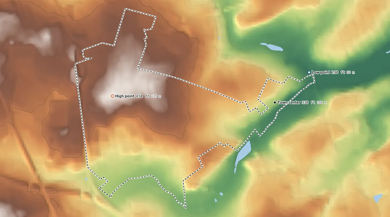 Topographic elevation map of Cetronia, Pennsylvania, shaded from 290 ft on the northeast side to 450 ft on the west side