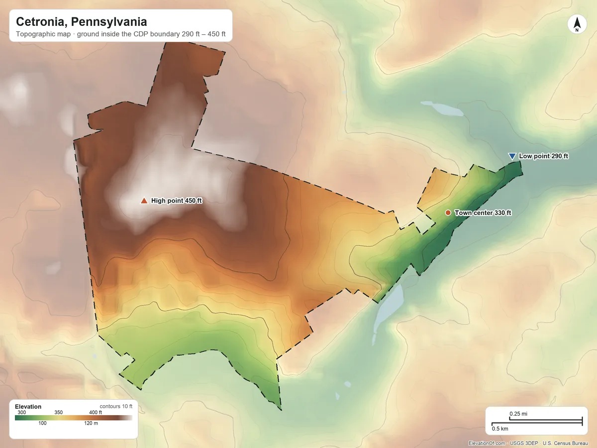 Topographic elevation map of Cetronia, Pennsylvania, shaded from 290 ft on the northeast side to 450 ft on the west side