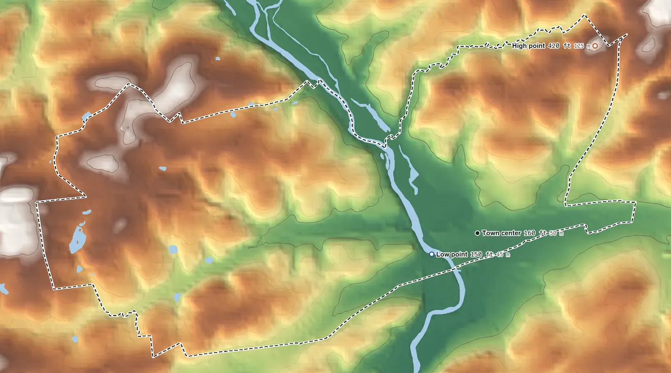 Topographic elevation map of Chadds Ford, Pennsylvania, shaded from 150 ft near the middle to 420 ft on the northeast side