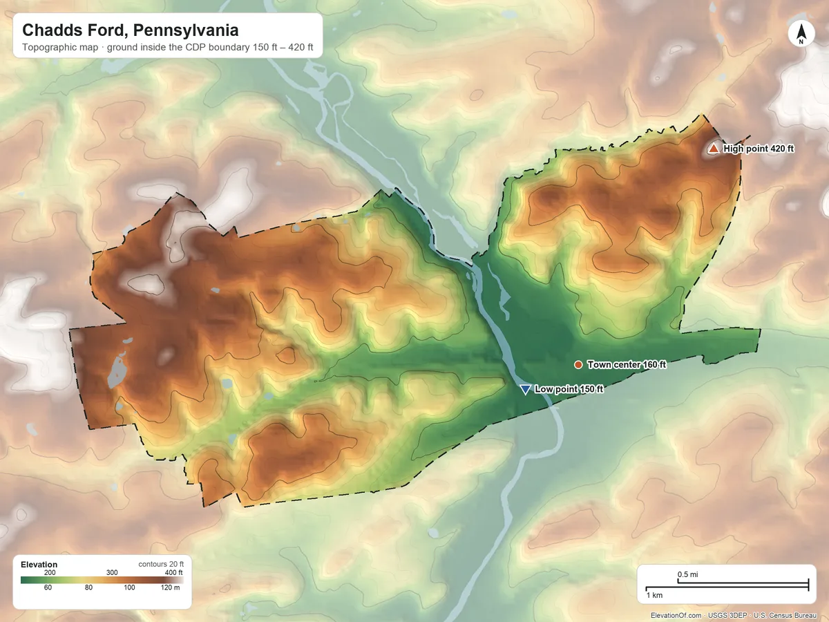 Topographic elevation map of Chadds Ford, Pennsylvania, shaded from 150 ft near the middle to 420 ft on the northeast side
