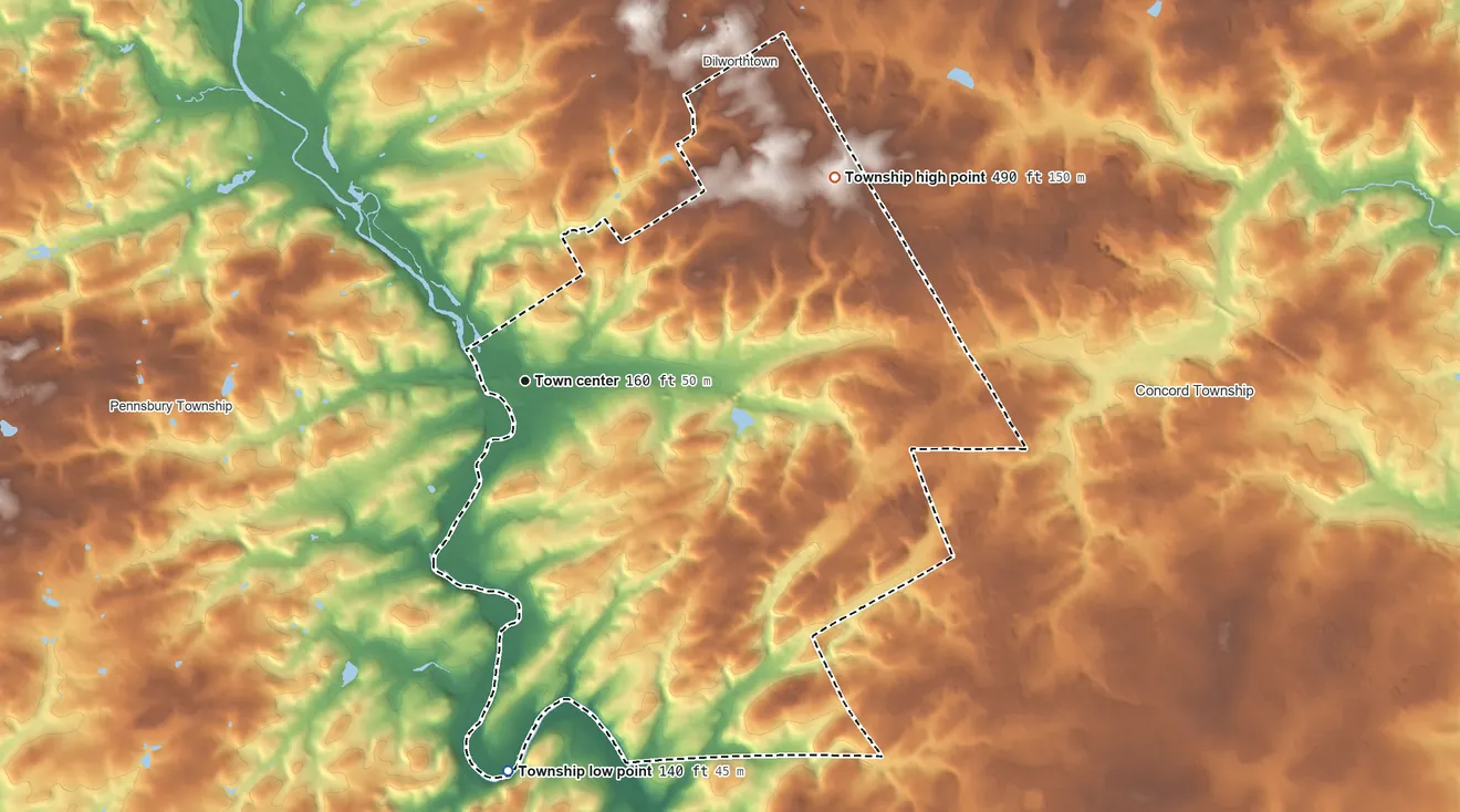 Topographic elevation map of Chadds Ford Township, Pennsylvania, shaded from 140 ft on the south side to 490 ft on the northeast side