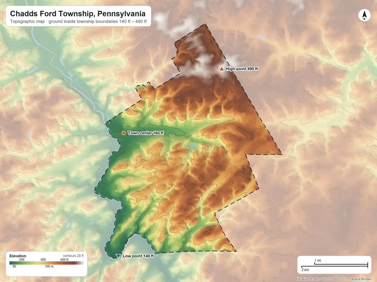 Topographic elevation map of Chadds Ford Township, Pennsylvania, shaded from 140 ft on the south side to 490 ft on the northeast side