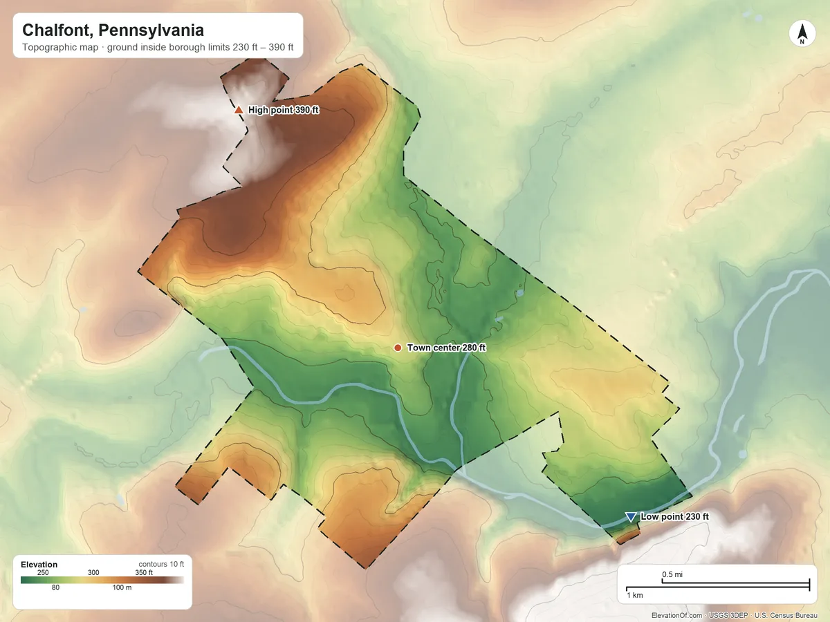 Topographic elevation map of Chalfont, Pennsylvania, shaded from 230 ft on the southeast side to 390 ft on the northwest side