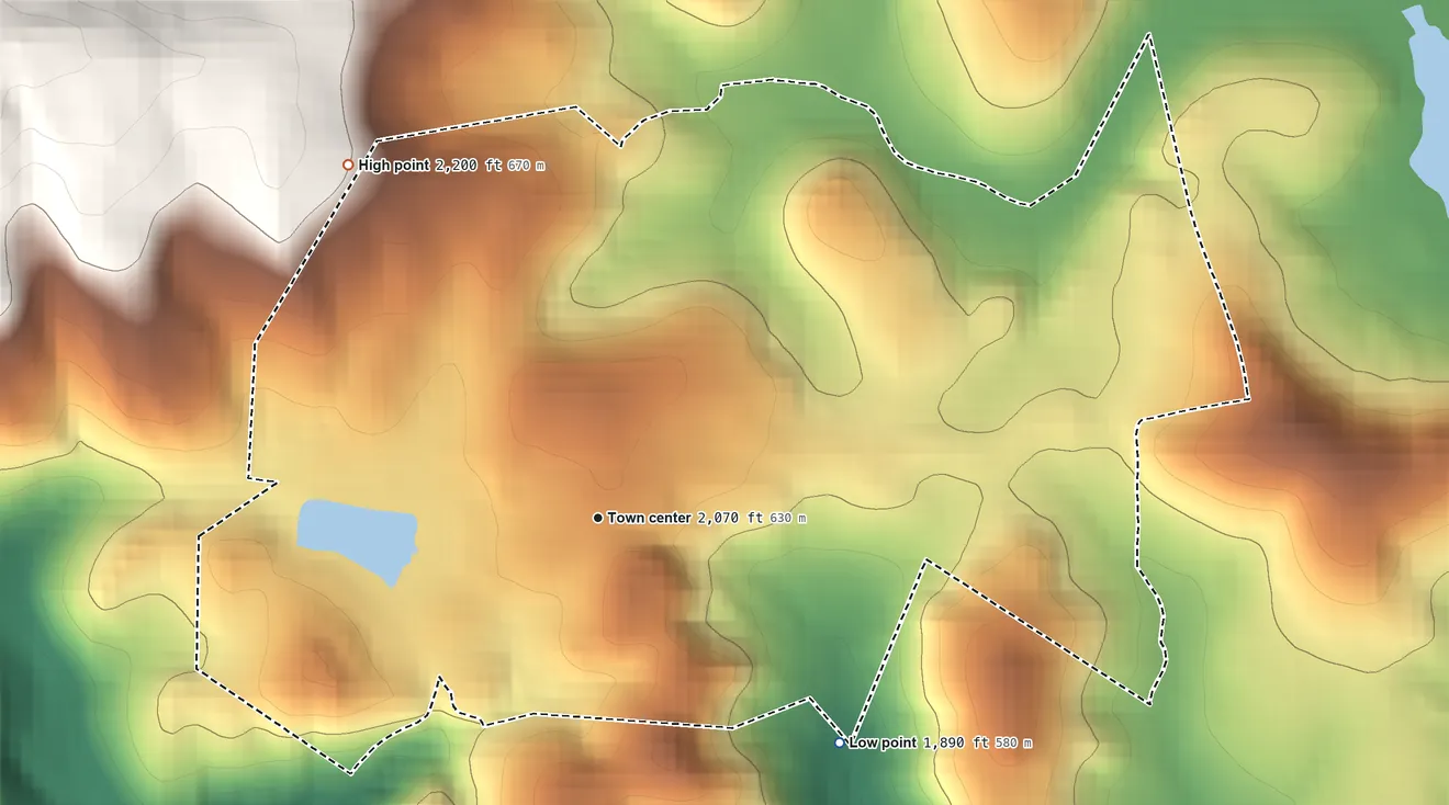 Topographic elevation map of Chalkhill, Pennsylvania, shaded from 1,890 ft on the southeast side to 2,200 ft on the northwest edge, below higher ground just outside