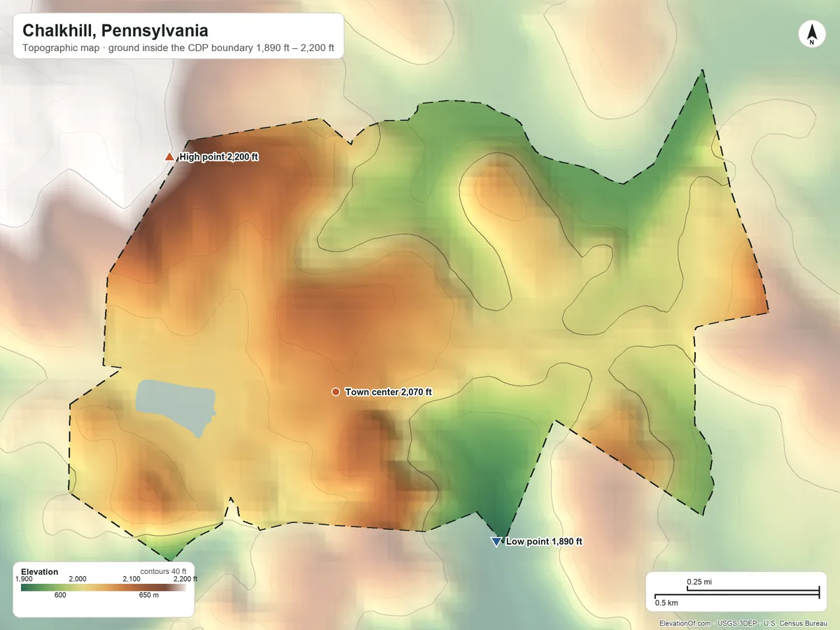 Topographic elevation map of Chalkhill, Pennsylvania, shaded from 1,890 ft on the southeast side to 2,200 ft on the northwest edge, below higher ground just outside