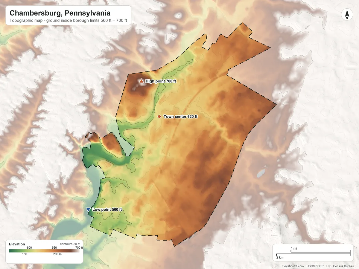 Topographic elevation map of Chambersburg, Pennsylvania, shaded from 560 ft on the southwest side to 700 ft on the northwest side