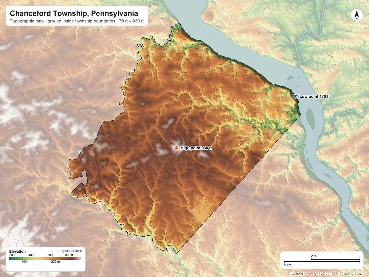 Topographic elevation map of Chanceford Township, Pennsylvania, shaded from 170 ft on the east side to 930 ft near the middle